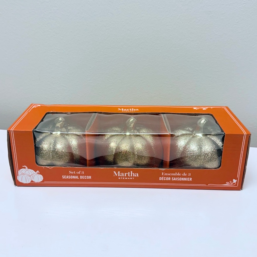 New in Box Martha Stewart Set of 3 Gold Textured Pumpkins